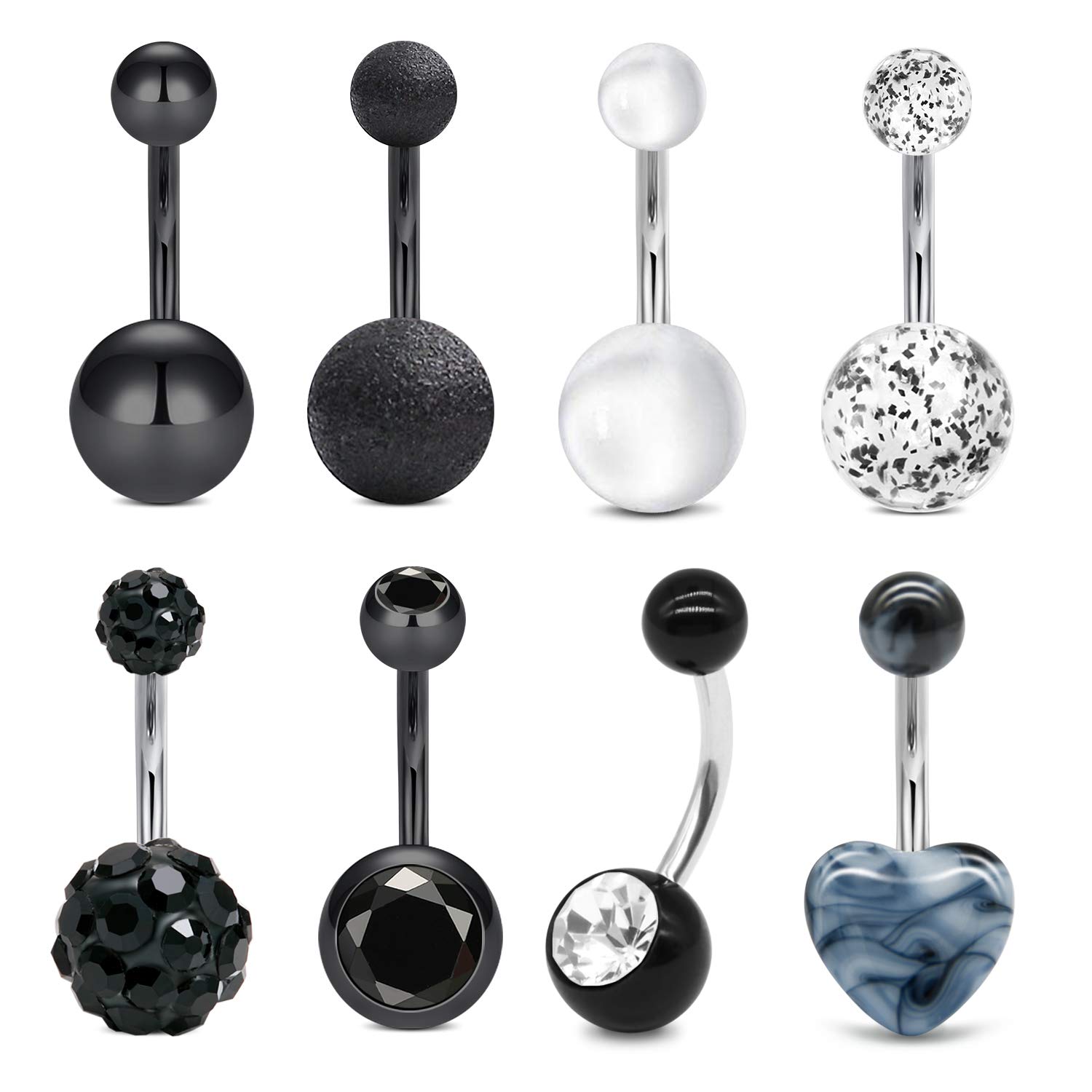 Funseedrr 8pcs 14 Gauge Black Belly Button Rings Set Barbells Stainless Steel Navel Belly Bars 10mm Heart Stone Body Piercing Jewellery