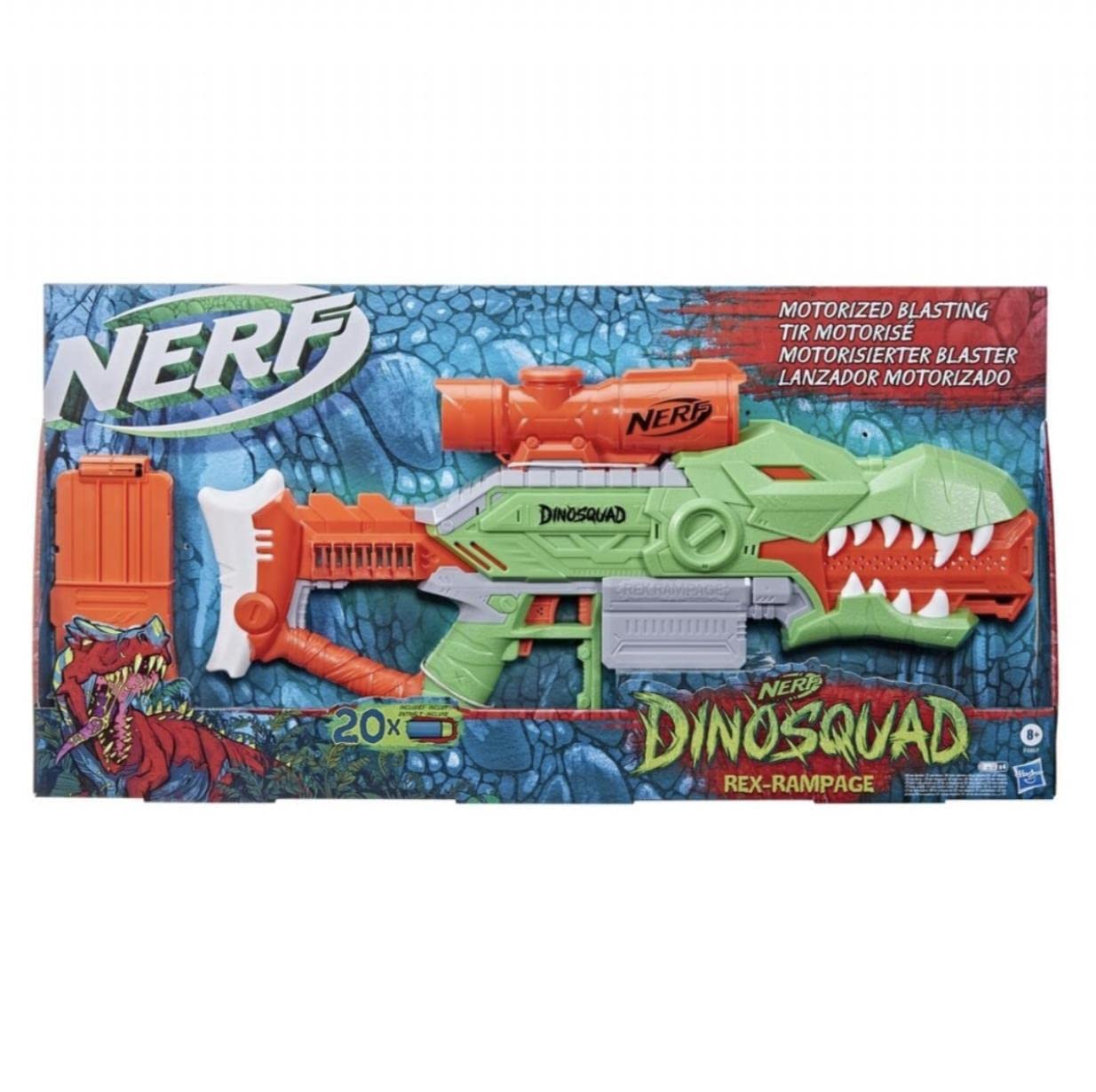 Nerf DinoSquad Rex-Rampage Motorised Dart Blaster, 10-Dart Clip, 20 Nerf Darts, 10-Dart Storage- T-Rex Dinosaur Design 8.6 x 61 x 34 cm, Multicolor,F0807F03