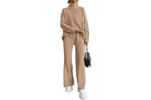 dowerme Women Fall 2 Piece Outfits 2025 Winter High Neck Sweater Sets Drawstring Wide Leg Pant Chunky Knit Lounge Set
