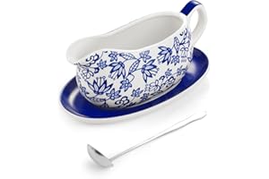 LoeJan Gravy Boat with Spoon, Ceramic Sauce Serving Dish, Easy-Pour Big Dripless Lip Spout Serveware Set For Salad Cream Milk Broth Black Pumpkin Thanksgiving (17 OZ Blue Flower & Tray)