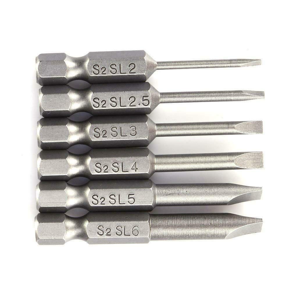 Flat Head Screwdriver Bits SUPERTOOL 50MM Long 1/4" Hex Shank Screwdriver Bits Magnetic 2/2.5/3/4/5/6mm Slotted Screwdriver Bits (Pack of 6)