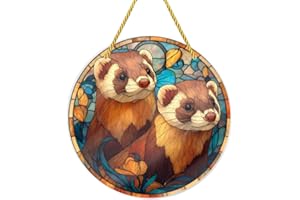 BEAROWL 6x6 Inch Cute Ferret Stained Glass Suncatchers，Shatterproof Acrylic Round Sculpture，Double-Sided Ferret & Floral Prin