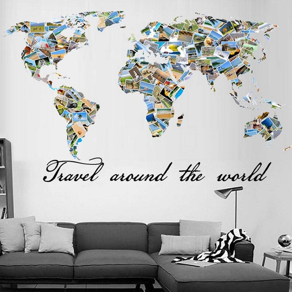 World Map Wall Art Patchwork Map Decals Travel Map Stickers Removable Around The World Wall Decorations for Kids Rooms Living Room