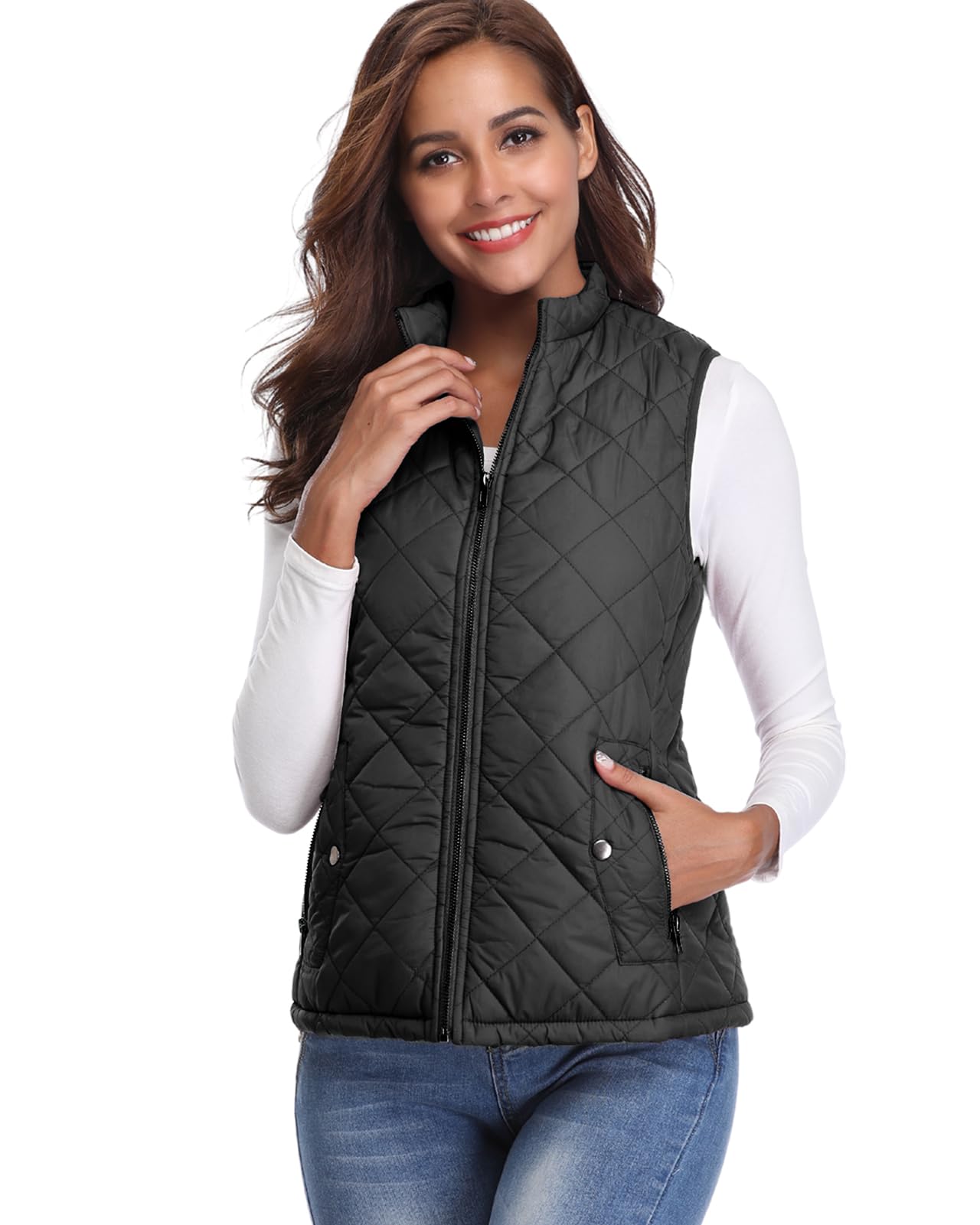 Fuinloth Women's Quilted Vest, Stand Collar Lightweight Zip Padded Gilet