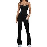 COPYLEAF Flare Jumpsuits for Women Adjustable Spaghetti Strap Bodycon Jumpsuit Scoop Neck Workout Romper Casual Unitard