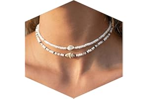 LAMEYBRT Boho Shell Choker Set for Women - Adjustable Double Layer Beach Necklace with Natural Seashells, Handmade Beaded Sum