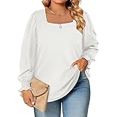 Eytino Womens Plus Size Fall Tops Square Neck Puff Long Sleeve Casual Loose Tee Shirts(1X-5X)