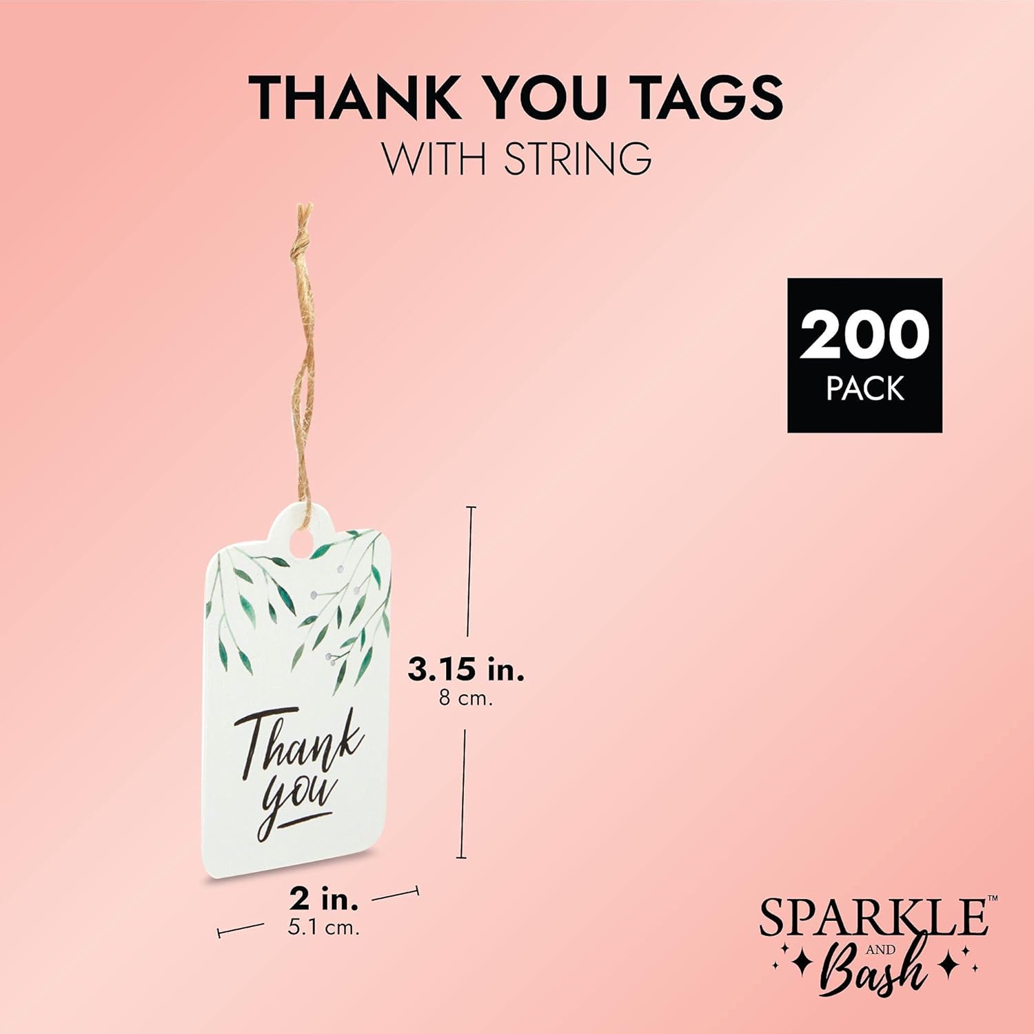 Thank You Tags with String and 164 Feet of Jute Twine (2x3 in, White, 200 Pack): Health & Personal Care