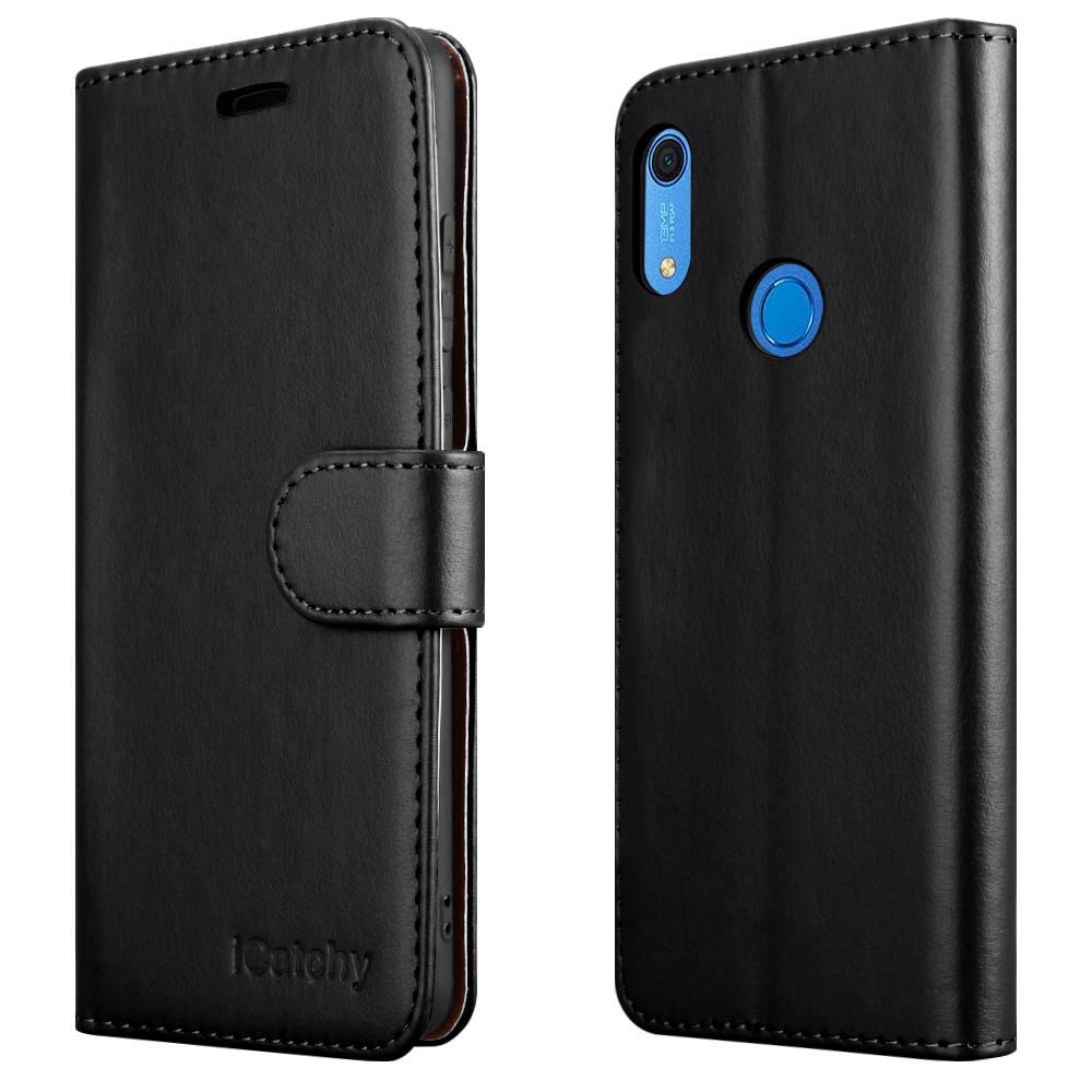 iCatchy For Huawei Y6s Case Leather Wallet Book Flip Folio Stand View Pouch Compatible with Huawei Y6s 2019 Phone Cover (Black)