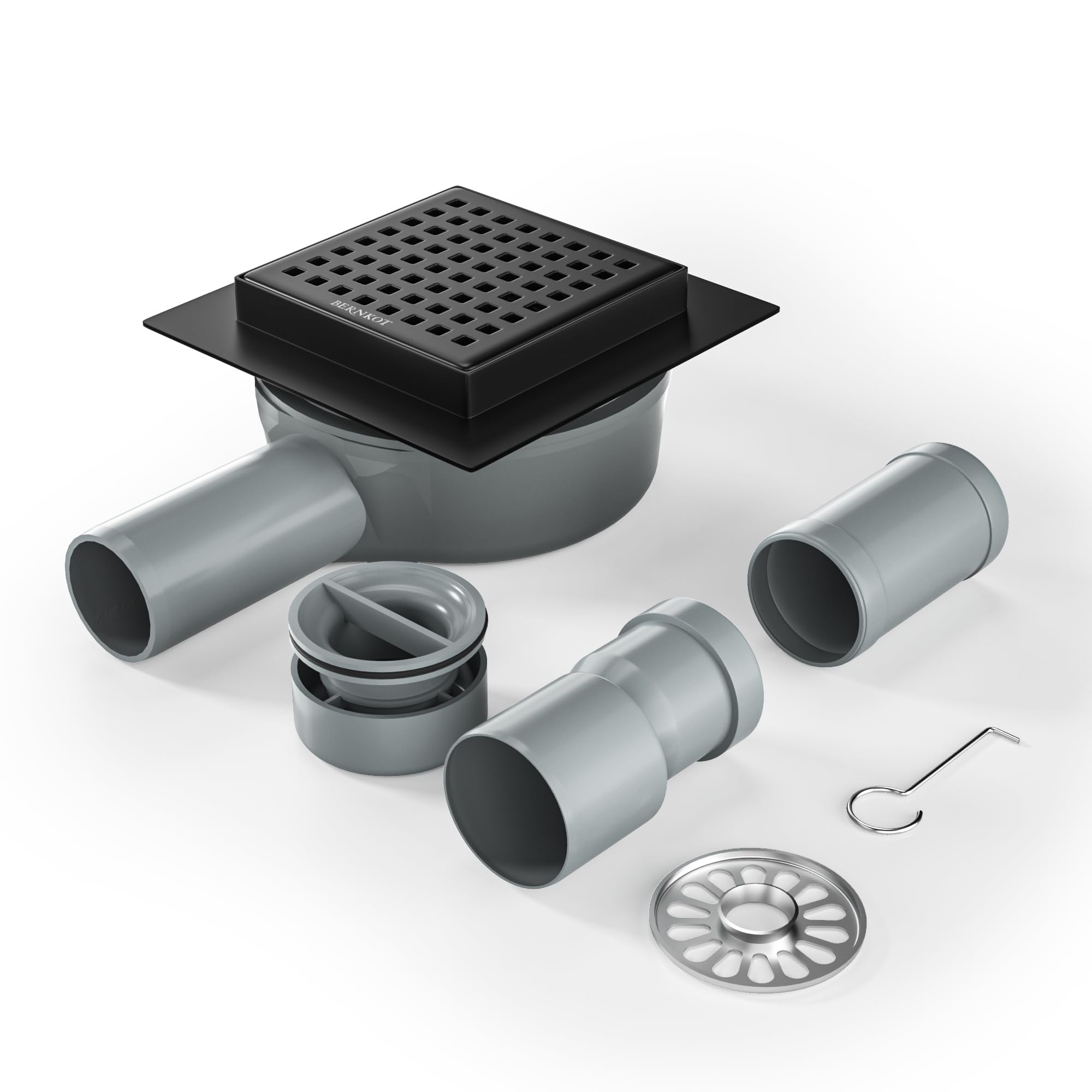 Bernkot Duschrinne Quadrat 10 * 10cm, 360° Siphon mit Geruchsstop und Haarsieb Edelstahl Ablaufrinne Bodenablauf Duschablauf sehr flach DN50 DN40，Schwarz