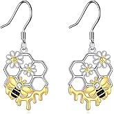 HKPATOP Bee Dangle Earrings 925 Sterling Silver 18K Gold Plated Daisy Bumble Drop Earrings Nature Jewelry Gift for Women