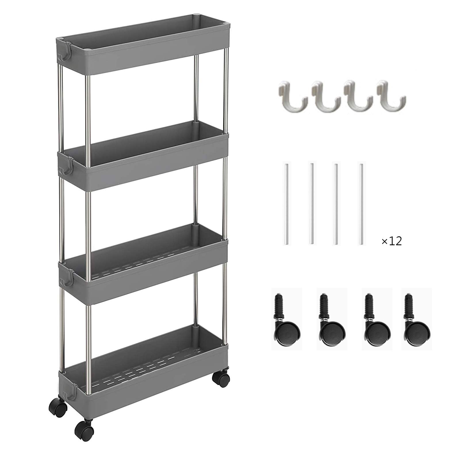 Photo 1 of AOTENG STAR Slim Storage Cart 4-Tier Rolling Trolley Organizer with 4 Storage Baskets and Wheels for Kitchen, Living Room, Bathroom, Bedroom, Narrow Places Gray