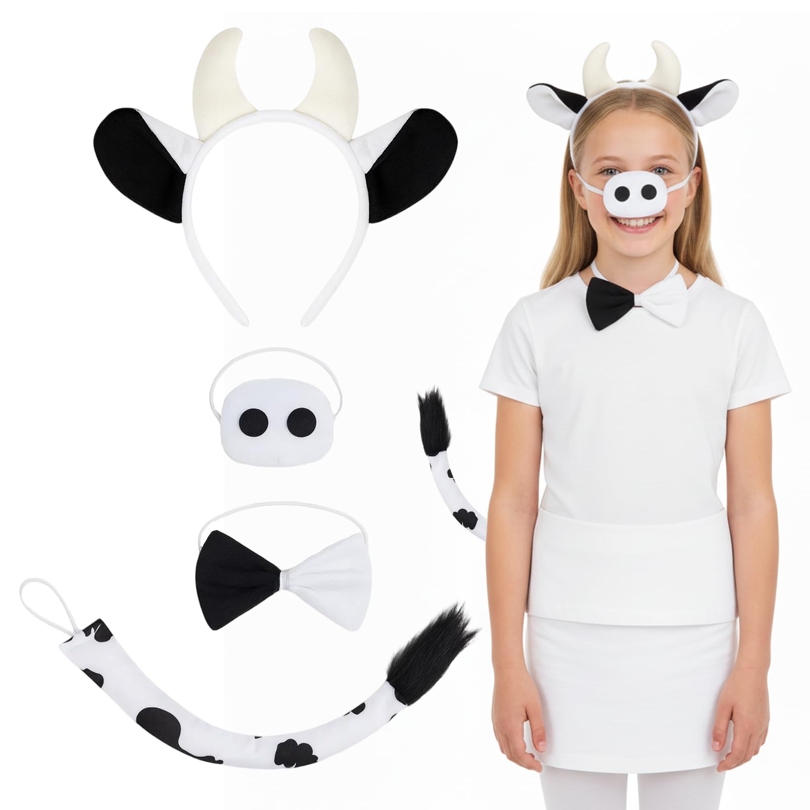 JORcadis 4 Pcs Cow Costume with Headband, Nose, Bow Tie, and Tail, Black and White Cow Outfit Set for Adults and Kids, Carnival Dress Up Costumes for Cosplay Themed Parties Halloween