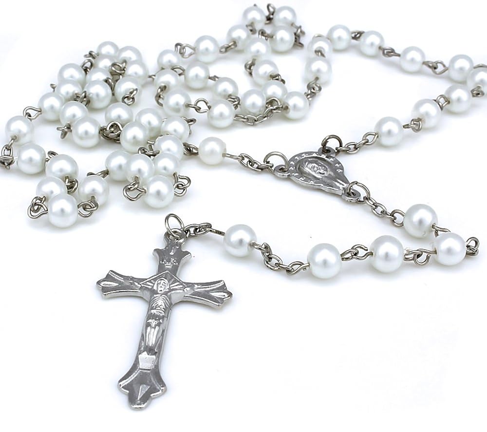 Women Grey Glass Rosary Beads Cross 