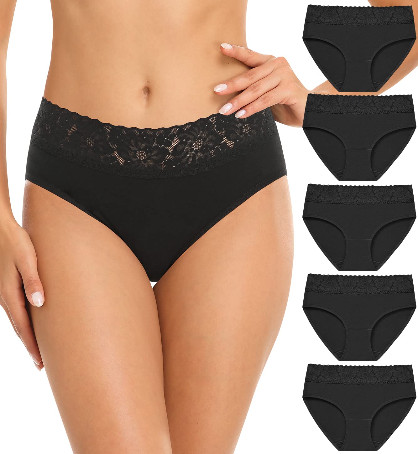 Wealurre Damen Unterhosen Baumwolle Slip Damen Unterwäsche Spitze Unterwäsche Frauen Höschen 5er Pack (6004 Black,M)