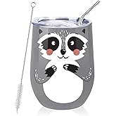 NymphFable 12oz Raccoon Cup Insulated Wine Tumbler With Lid and Straw Double Wall Stainless Steel Travel Mug