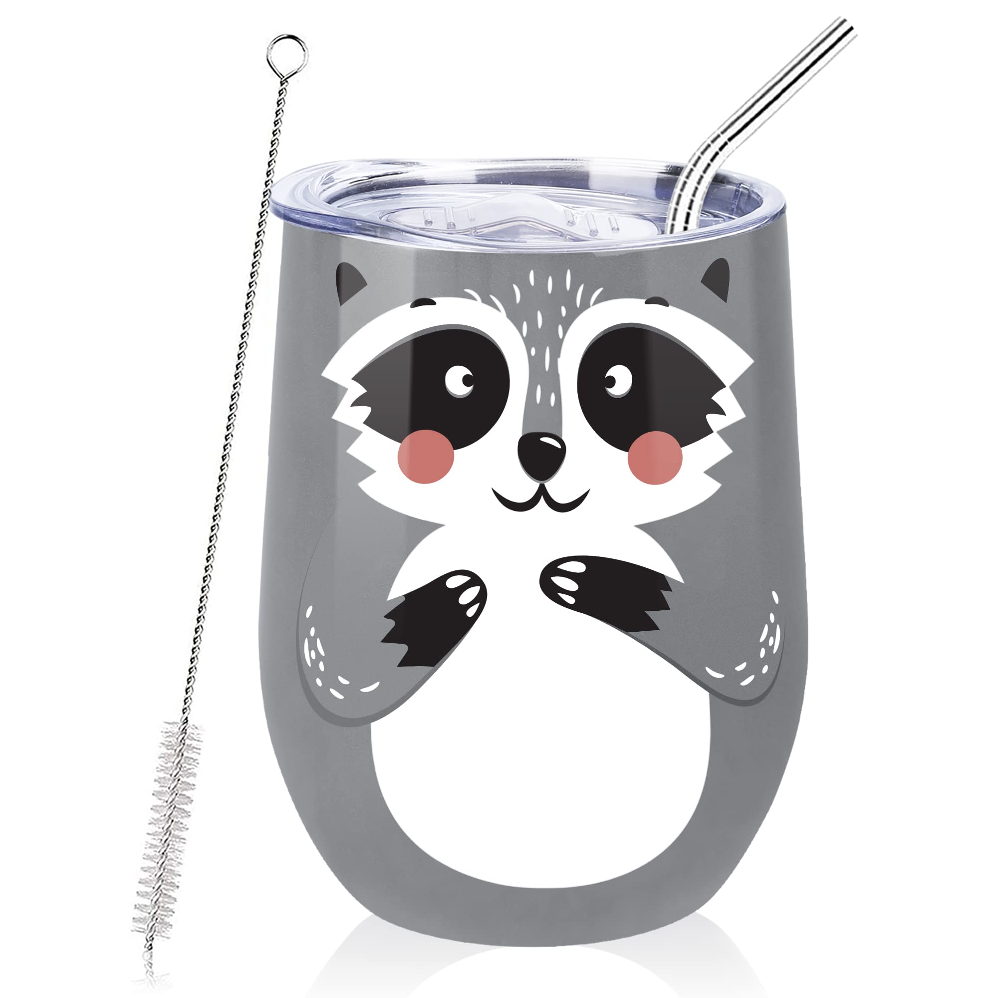 NymphFable 12oz Raccoon Cup Raccoon Gift Travel Mug Insulated Wine Tumbler with Straw and Lid Stainless Steel Double Wall