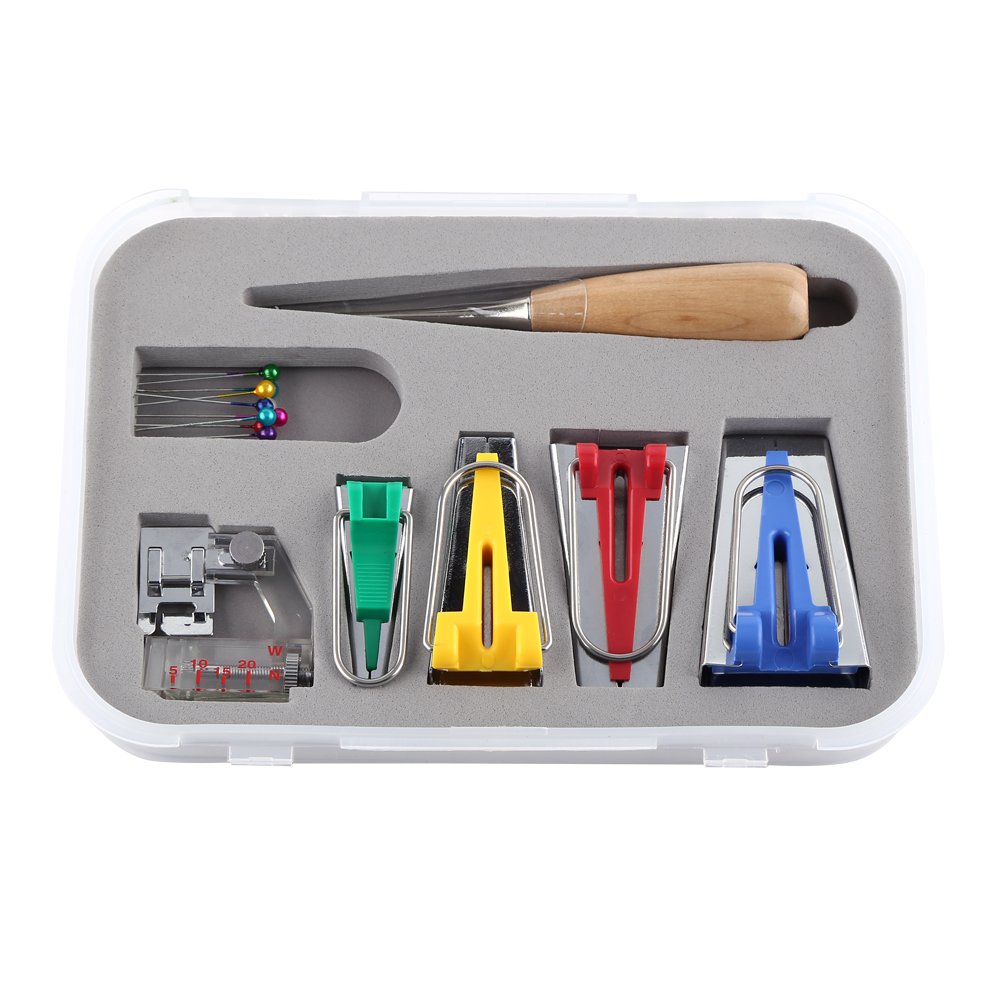 16 pcs/set Fabric Bias Tape Maker Kit 6mm 12mm 18mm 25mm with Foot Bradawl Quilting Clips Sewing Pins Kit Fabric DIY Sewing Case
