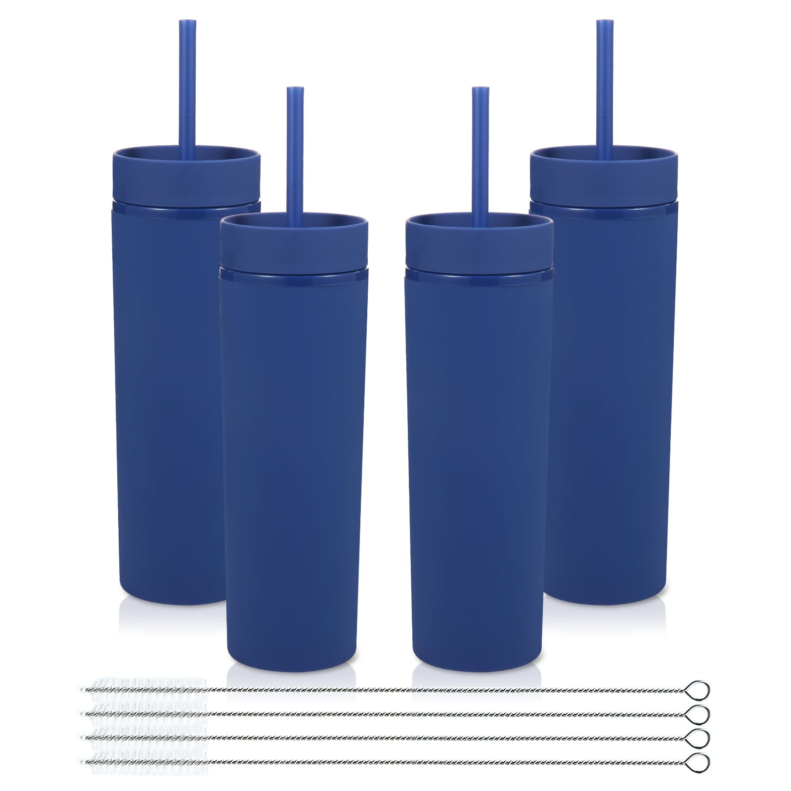 Volhoply 16oz Plastic Skinny Tumblers Bulk 4 Pack,Double Wall Tumbler with Lid and Straw,480ML Reusable Iced Coffee Mug,BPA Free Matte Acrylic Water Cups with Straw for Parties,DIY Gifts(Navy,4 Set