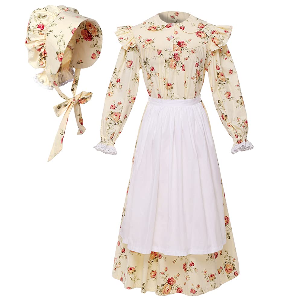 GRACEART Victorian Costume School Pioneer Colonial Outfit Prairie Dress 99.99% Cotton (US-10, Yellow) — image 1