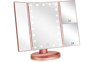 Flymiro Tri-fold Lighted Vanity Makeup Mirror with 3x/2x Magnification,21 LEDs Light and Touch Screen,180 Degree Free Rotation Countertop Cosmetic Mirror,Travel (Rose Gold)