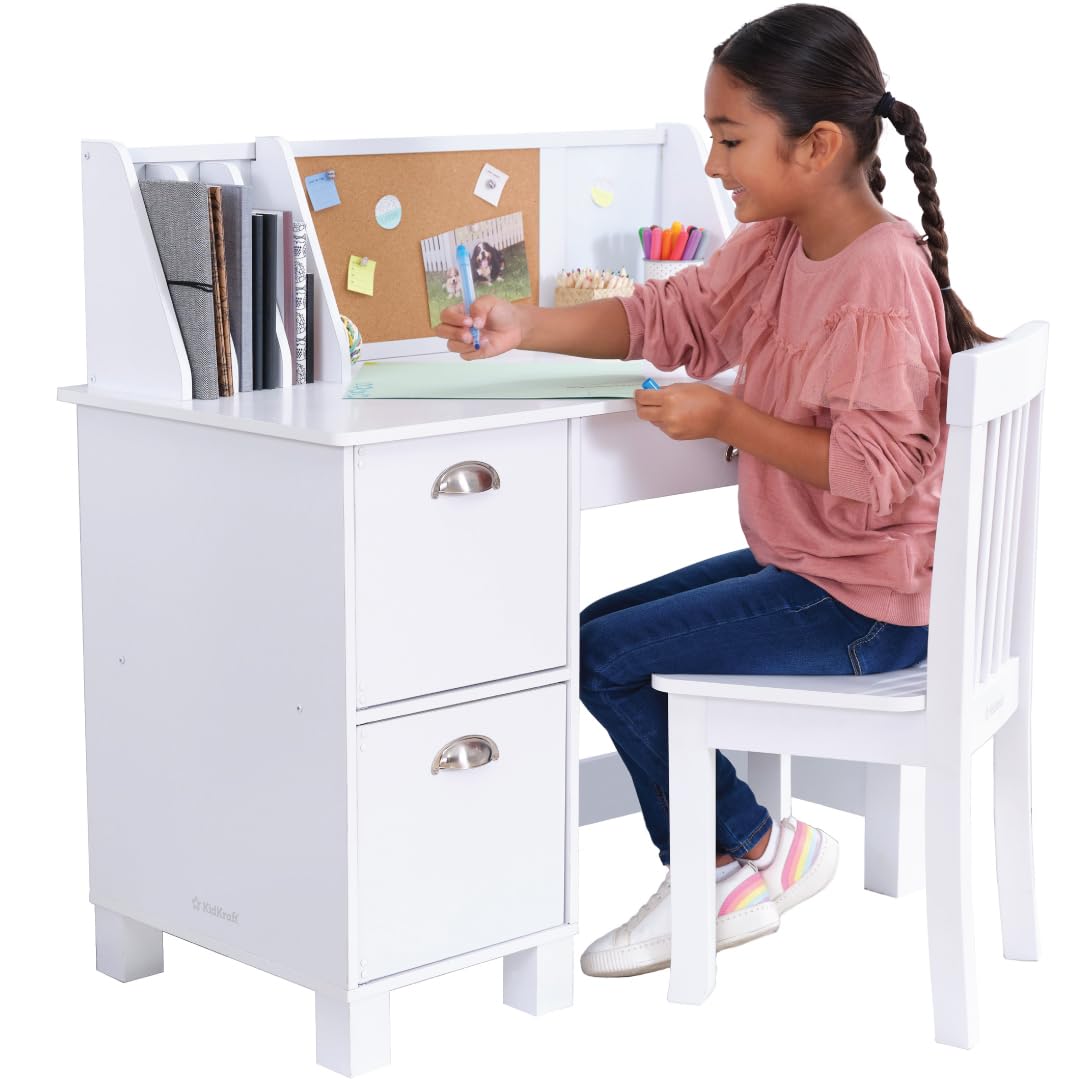Photo 1 of KidKraft Wooden Study Desk for Children with Chair, Bulletin Board and Cabinets, White