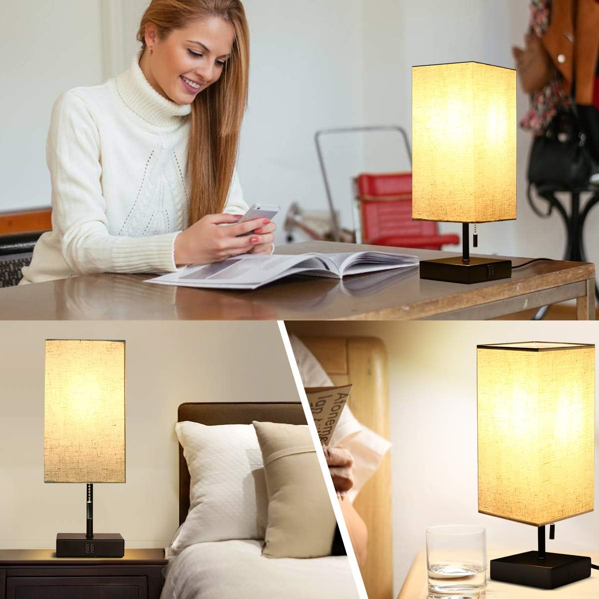 HOKEKI Bedside Table Lamp, with 2 Useful USB Ports, Black Charger Base with Beige Fabric Shade, Modern Desk Lamp for Bedroom, Living Room, Kid's Room, Dorm, Office(1PCS) - - 