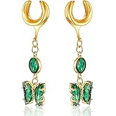 BOKABOO 2Pcs Elegant Dangle Gauges for Women, Saddle Shape Plugs Tunnels with Green Crystal Butterfly, 6mm to 25mm Surgical Stainless Steel 316L Ear Gauges Body Jewelry