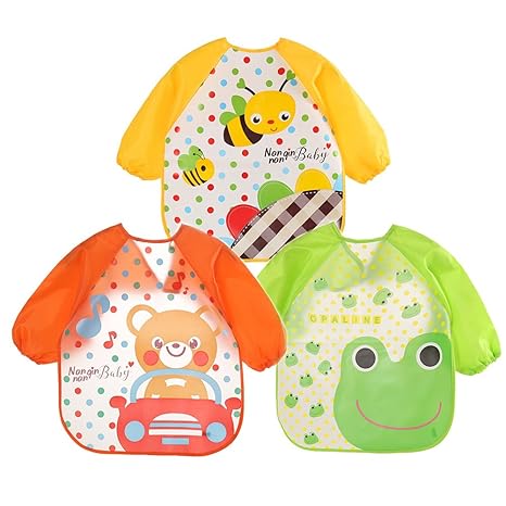 3er Wasserdicht Baby Lätzchen mit Ärmeln, Baby Malschürze Bastelschürze Taschentücher - Essen und Play Smock Schürze für Klei