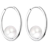 JO WISDOM 925 Sterling Silver Hoop Earrings with Simulated Danlge Pearl(white/Black)