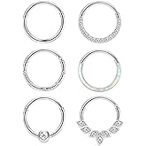 Jstyle 6Pcs 16G 18G Septum Rings Surgical Steel Nose Rings Hoop for Women Opal CZ Daith Cartilage Hoop Earring Clicker Septum Jewelry Hinged Hoop Nose Ring Lip Helix Rook Tragus Piercing Jewelry
