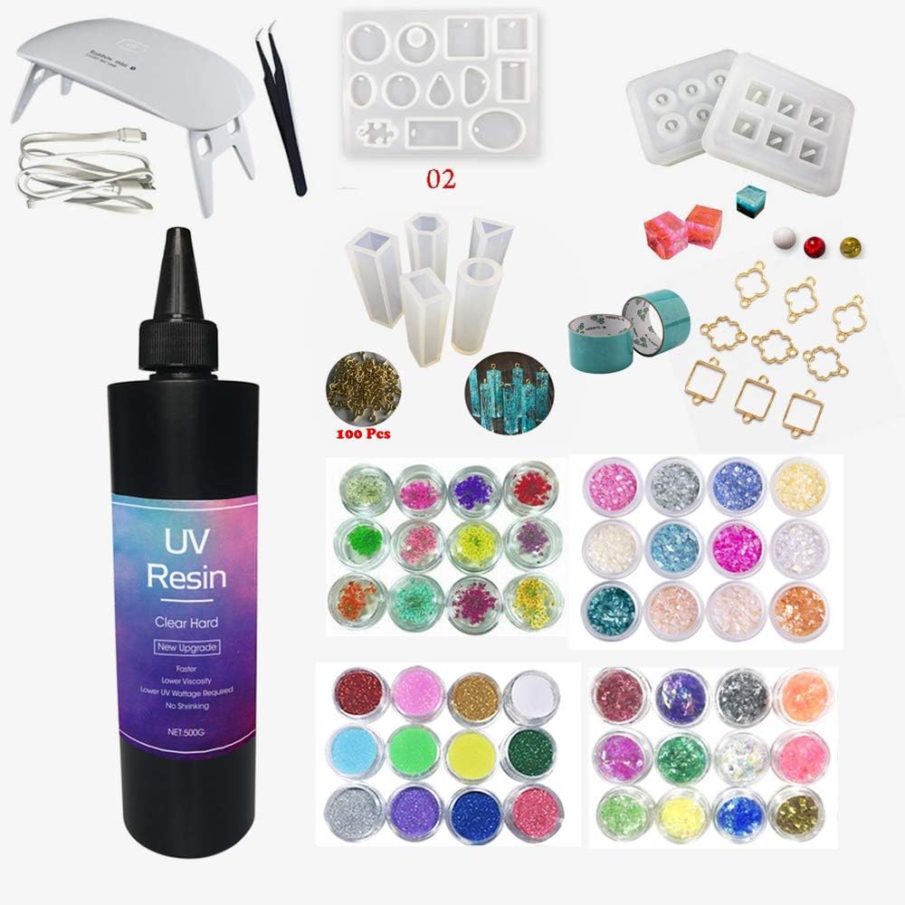 500g Big Bottle Crystal Clear UV Epoxy Resin DIY Kit with 8 Molds 9 Bezels & Mini Lamp, Faster Curing New Formula, for Jewelry Pendants Earrings Pyramids, with 100 Eyelets 2 Tapes 48 Flowers Glitters