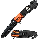 Tac-Force 8.25" Tactical Folding Pocket Knife &ndash; 3.25" Stainless Steel Half-Serrated Tanto Blade &ndash; Emergency Glass Breaker &amp; Seatbelt Cutter &ndash; Aluminum Handle with Medallion &amp; Pocket Clip (Black &amp; Orange)