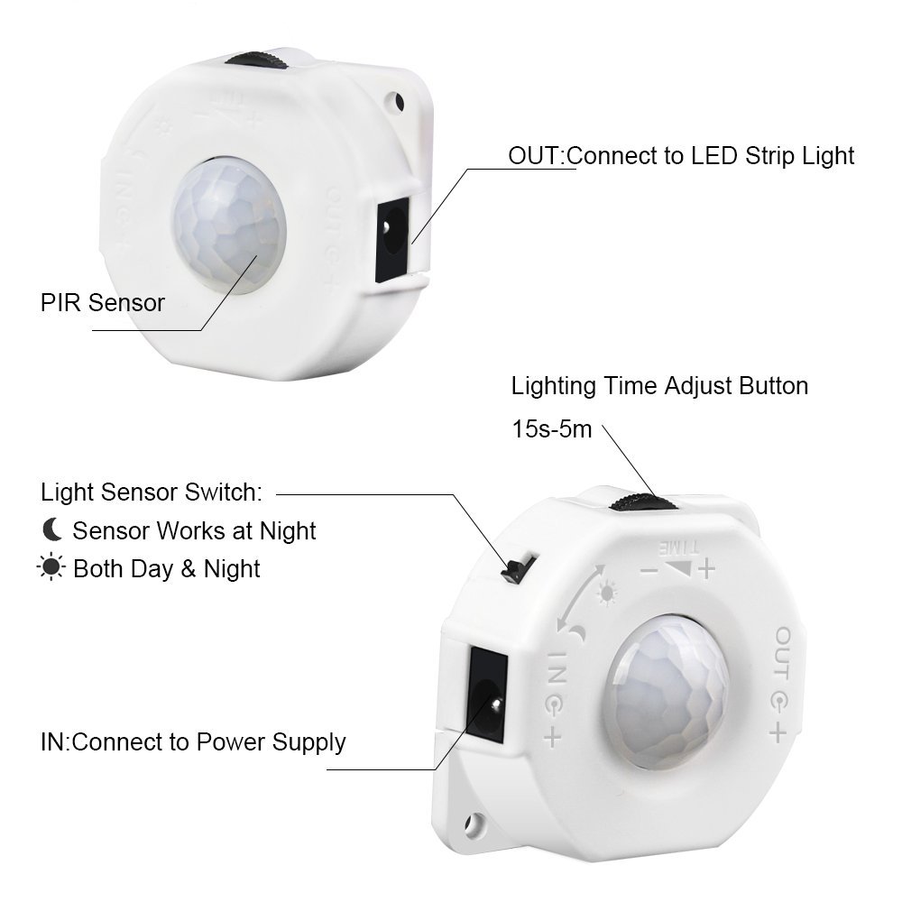 LUXJET DC 5V-24V 8A PIR Motion Activated Sensor Switch,Day/Night Light Sensor with DC Cable for LED Strip Light,RGB Rope Lights,Closet Lights Stair Lights Accessories