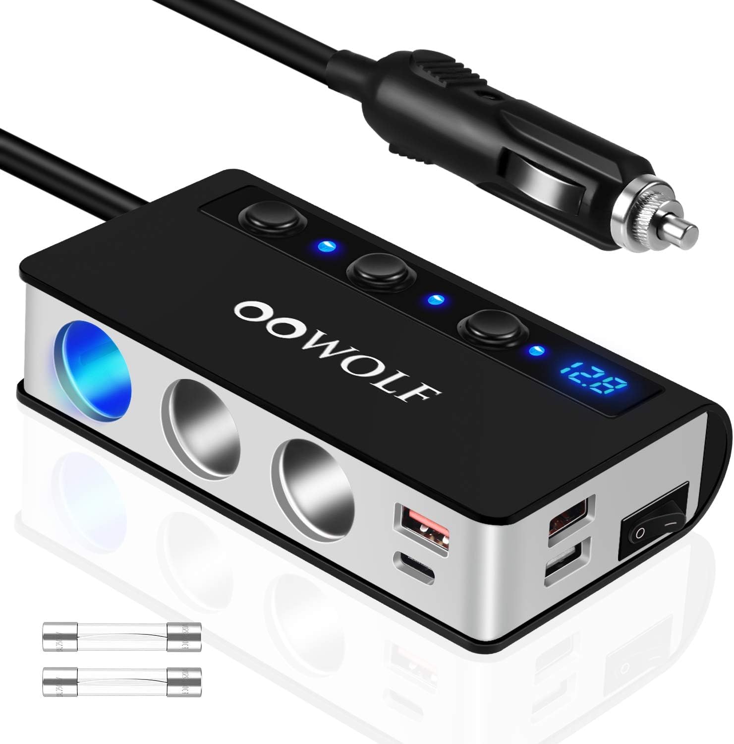 OOWOLF [Upgraded Version] Cigarette Lighter Splitter 2 QUICK CHARGE 3.0, Type-C 12V/24V Cigarette Lighter Adapter, 3-Socket 180W Car Charger Splitter, LED Voltmeter Display Separate Switch