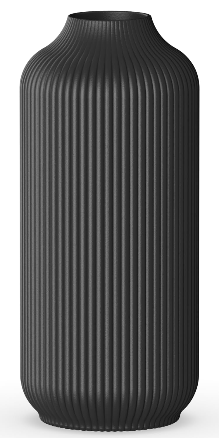 VZMIZA Ribbed Black Ceramic Vase - Decorative Flower Vase for Pampas Grass - Small vase for Home Living Room - black Vases Home Decor & Boho - Table Dining (Medium)