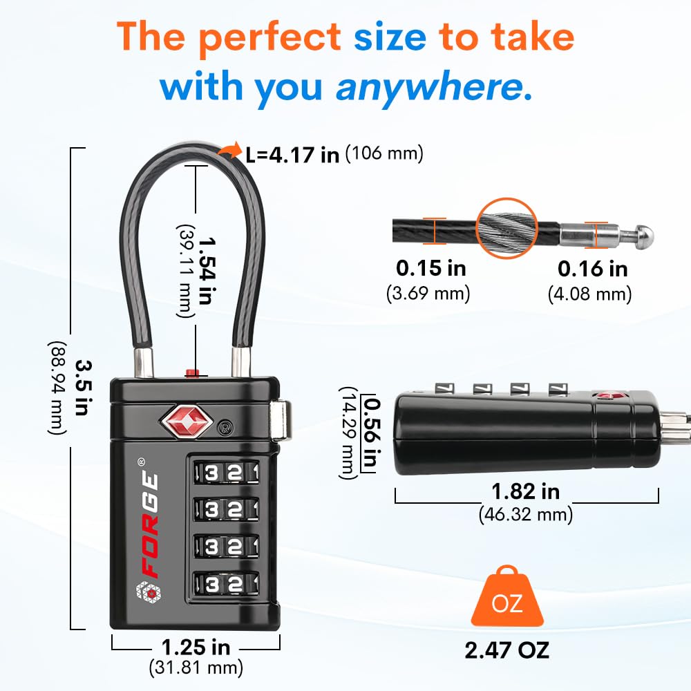 Forge Forge TSA Approved Luggage Locks 4 Digit Combination TSA Travel Locks with TSA008, Open Alert Indicator, Zinc Alloy Body for Luggage, Suitcase, Backpack, and More. Black 2 Locks.