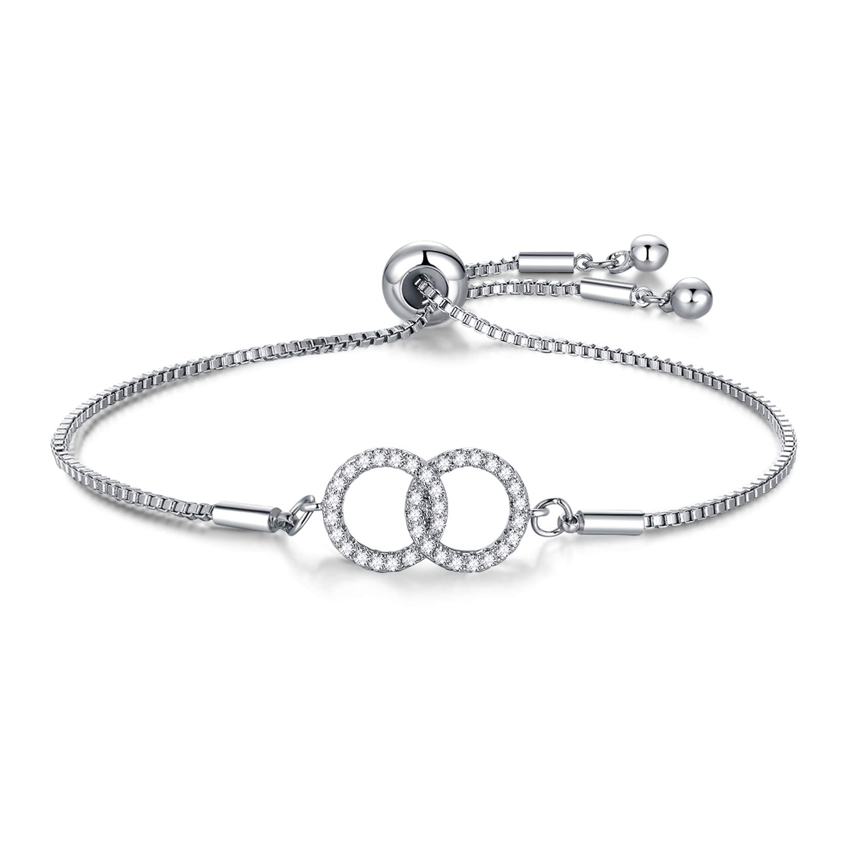 CERSLIMO Silver Bracelet for Women, White Gold Plated Cubic Zirconia Paved Infinity Heart Round Circle Bracelets | Birthday Gift for Girls Ladies Mom Sister Best Friends Girlfriend Adjustable Bracelet