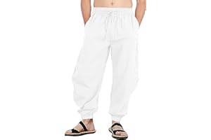perdontoo Mens Casual Cotton Linen Pant Elastic Waist Drawstring Yoga Jogger Pants