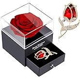 Preserved Red Rose Gift Box- Enchanted Real Roses with Ruby brooch, Eternal Rose Flower in Jewelry Box, Handmade Rose,Forever Red Rose Gift for her On Christmas Mother's Day, Anniversary.