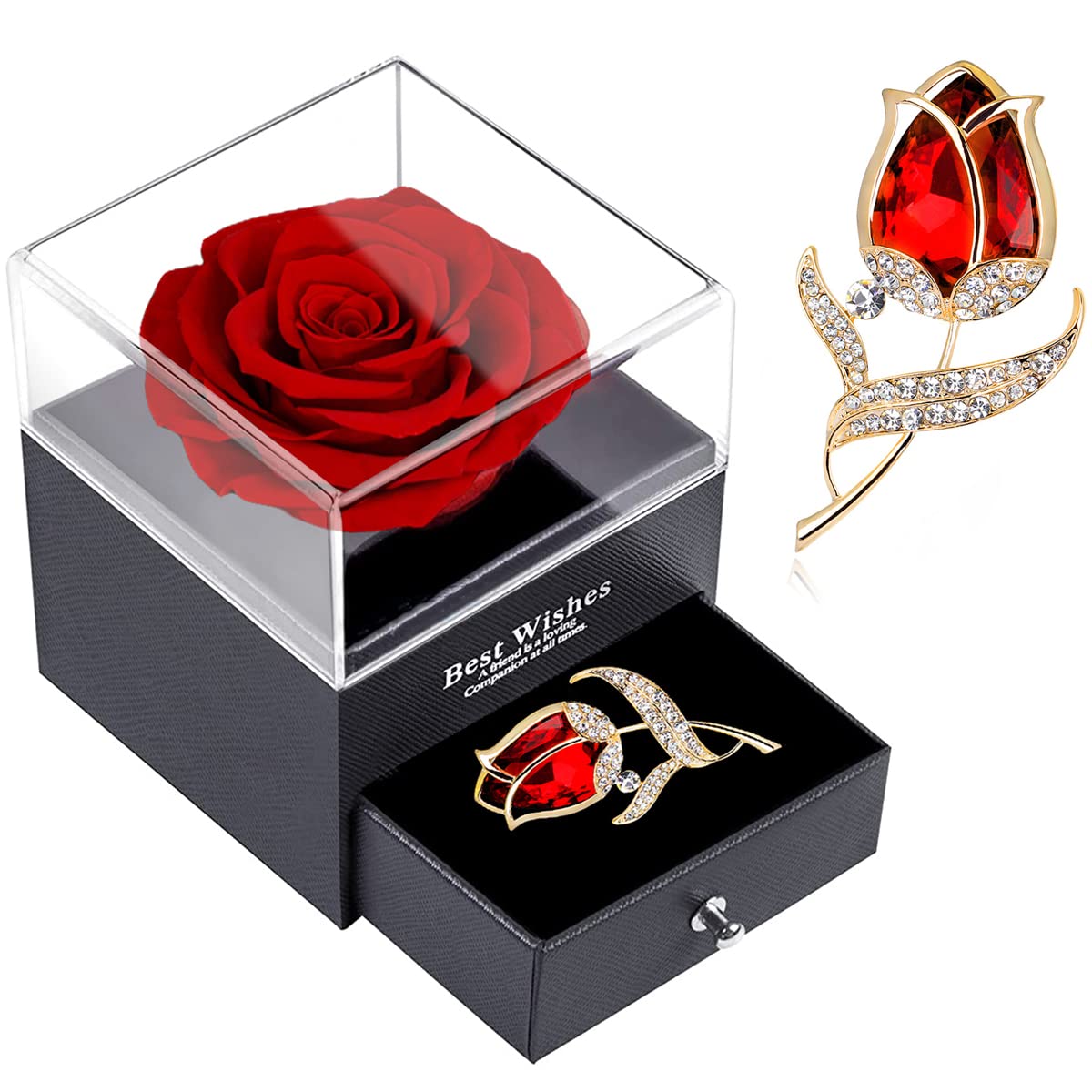 SWEETIME Red Rose Gift Box - Enchanted Real Rose with Ruby Brooch, Eternal Flower in Jewelry Box, Handmade Preserved Forever Gift for Her on Mother's Day, Anniversary
