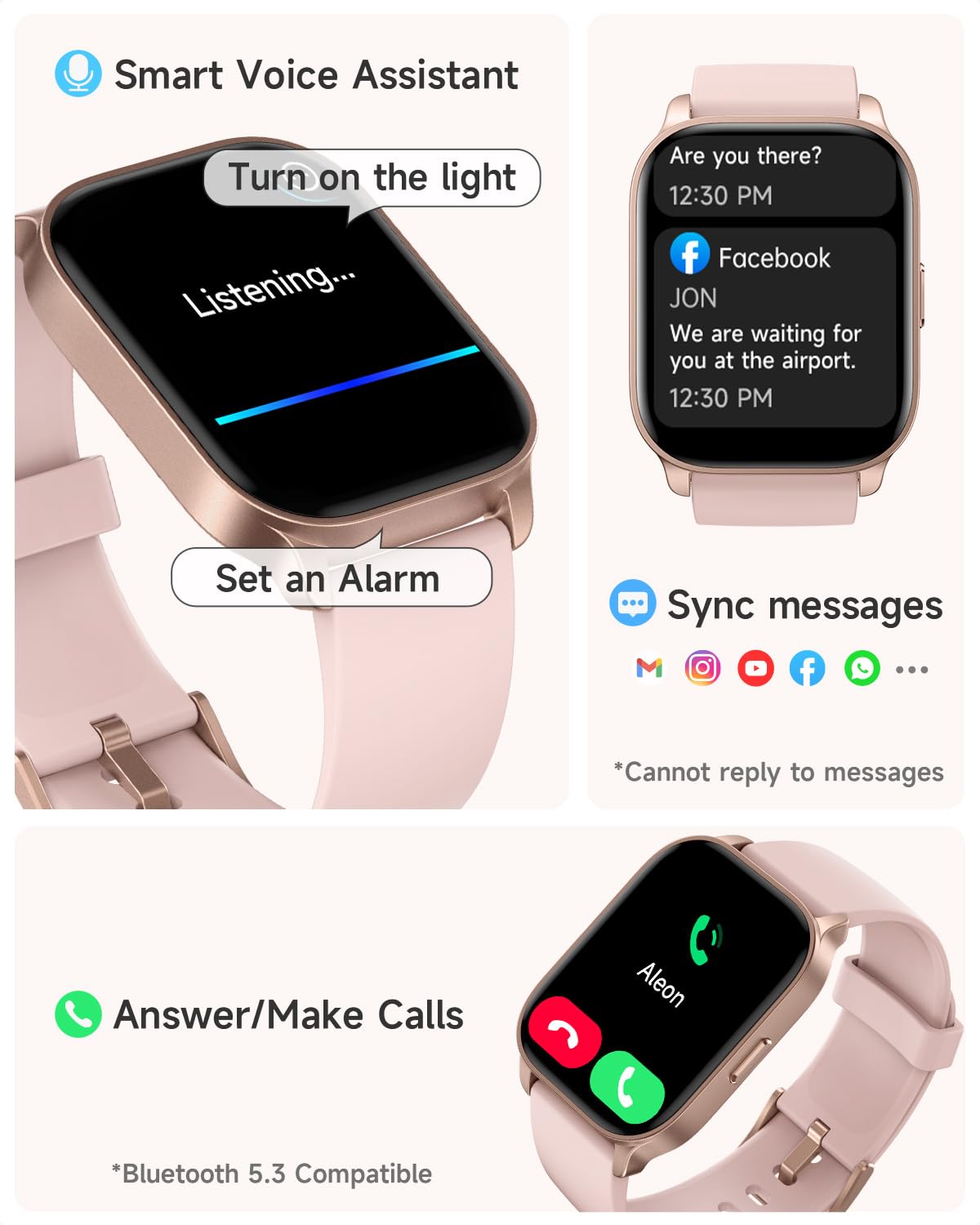 TOOBUR Smart Watch for Women, Answer/Make Calls, Alexa Built-in, Fitness Watch IP68 Waterproof/Heart Rate/Sleep Monitor/100 Sports, Step Counter, Ladies Smartwatch Compatible Android IOS