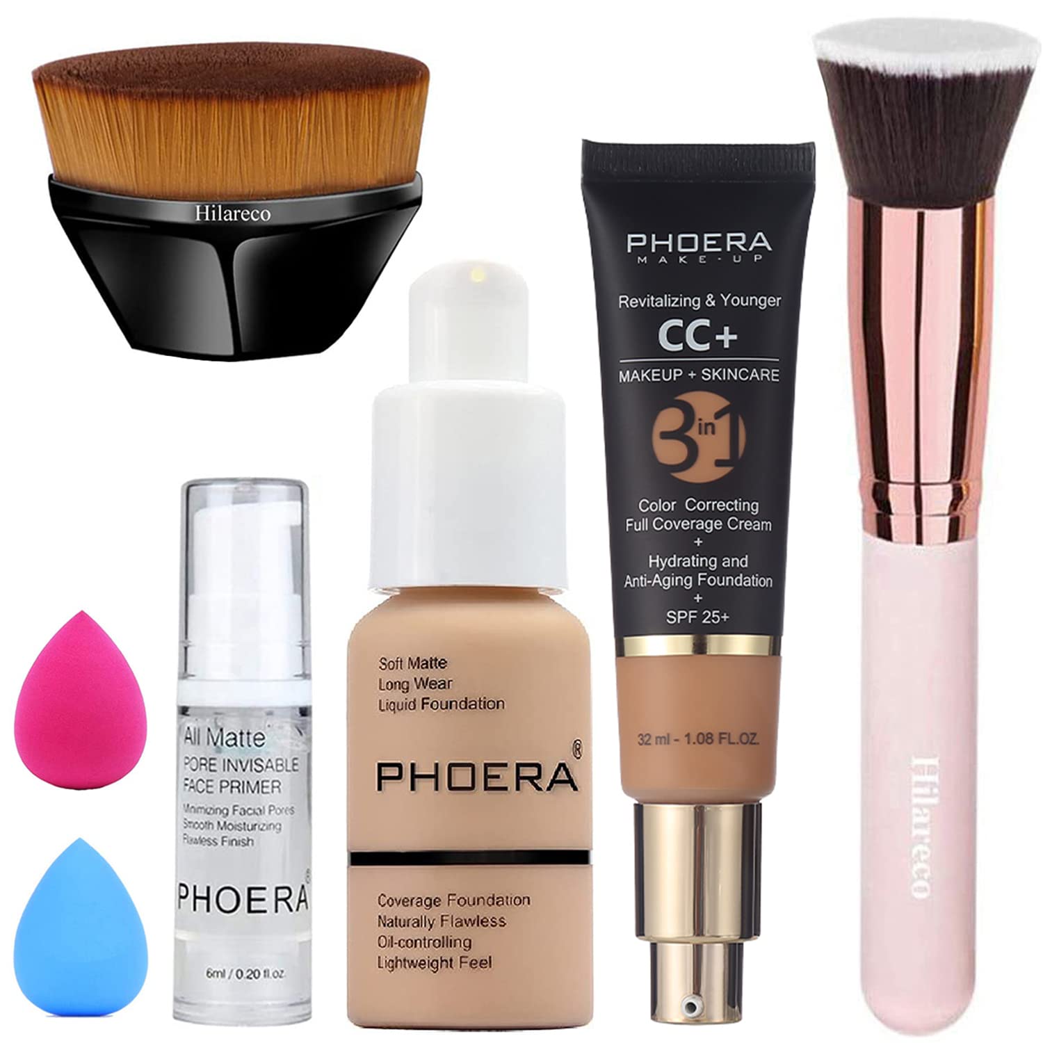 PHOERA CC+ Cream Color Correcting Anti Aging Hydrating Serum & SPF 25+ Foundation & Primer Makeup, Kabuki Makeup Brushes (104+140CC/Buff Beige)
