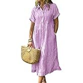 chouyatou Women's Summer Striped Midi Long Shirt Dress Casual Loose Short Sleeve Button Down Dress