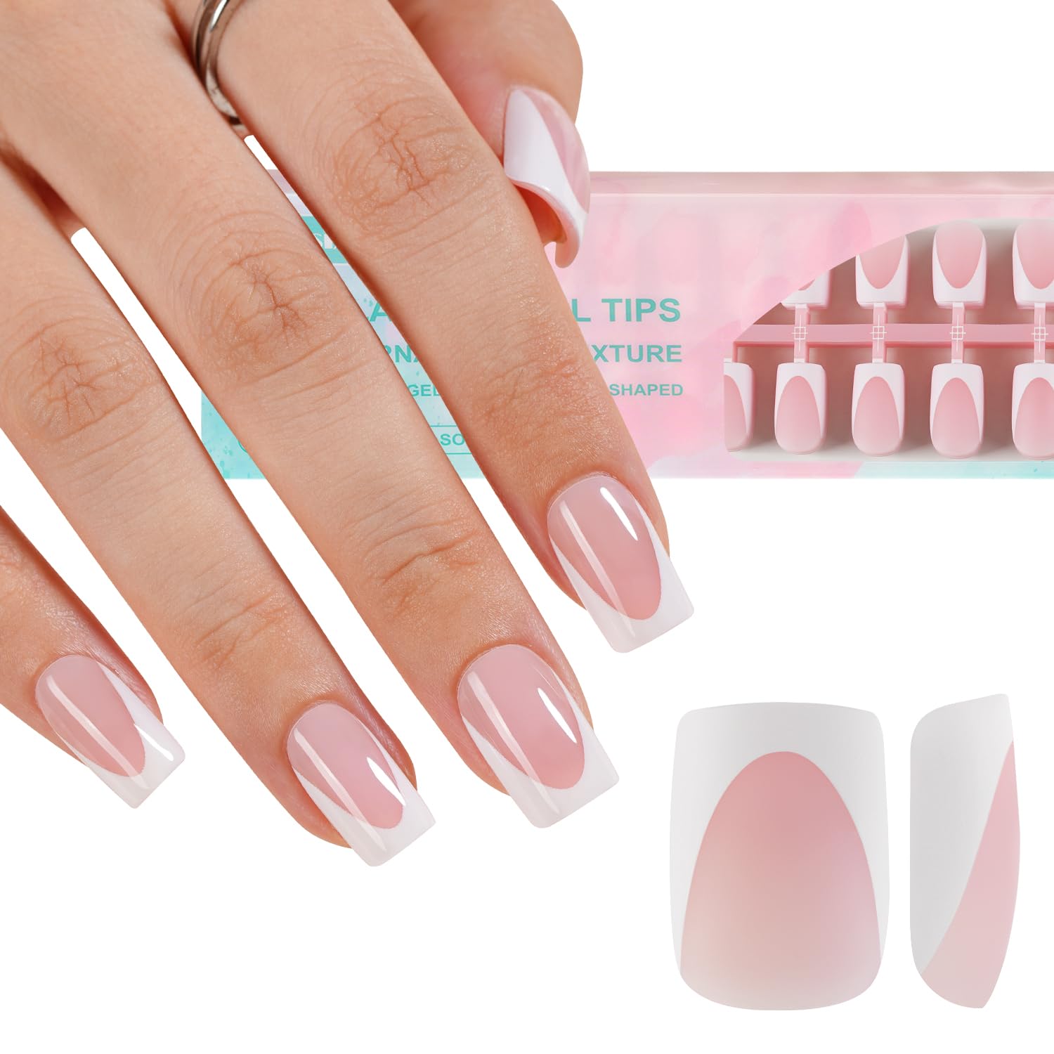 Photo 1 of Misssix French Gel Nail Tips, 160Pcs Deep Almond French Tip Press on Nails Short Square, No Need to File Tips Pre-lasting, Fake Nails for Nail Art DIY 16 Sizes