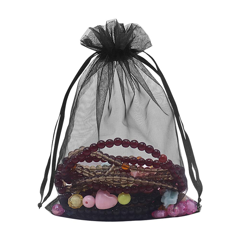 HRX Package Black Organza Bags 5x7 inch 100pcs, Mesh Candy Bags Jewelry Pouches Drawstring Empty Sachet for Present Wedding Giveaways
