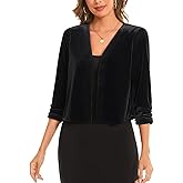 MINTLIMIT Womens Ruched 3/4 Sleeve Velvet Bolero Shrug Top Versatile Open Front Chic Soft Cropped Cardigan for Dress,Black,L