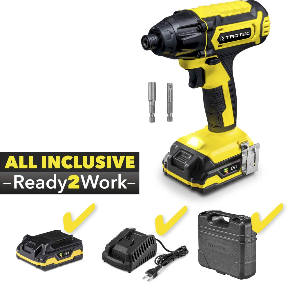 TROTEC Akku-Schlagschrauber PIDS 10‑20V Stufenlose Drehzahlsteuerung Drehschlagfunktion zum Eindrehen und Lösen von Schrauben und Muttern 20V starker Lithium-Ion-Akku 0-3.600 min-1 2