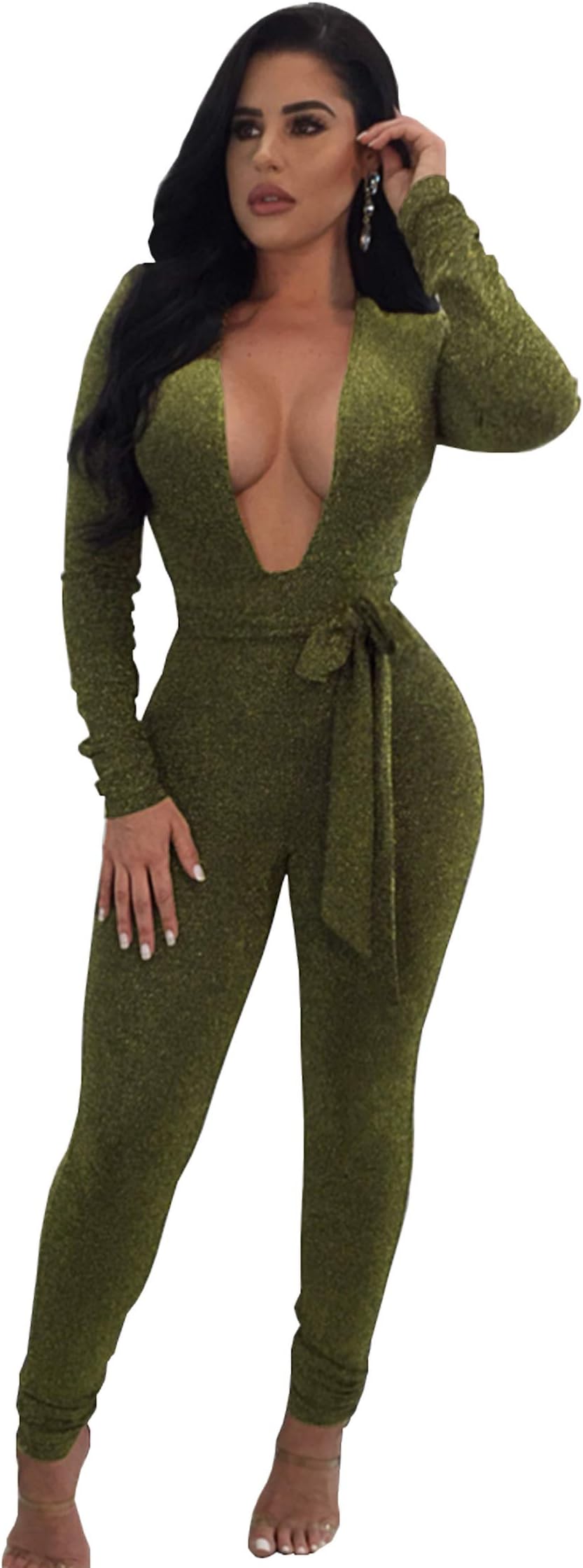 Longwu Women's Sexy Sparkly V Neck Long Sleeve Party Clubwear Bandage Romper Jumpsuit