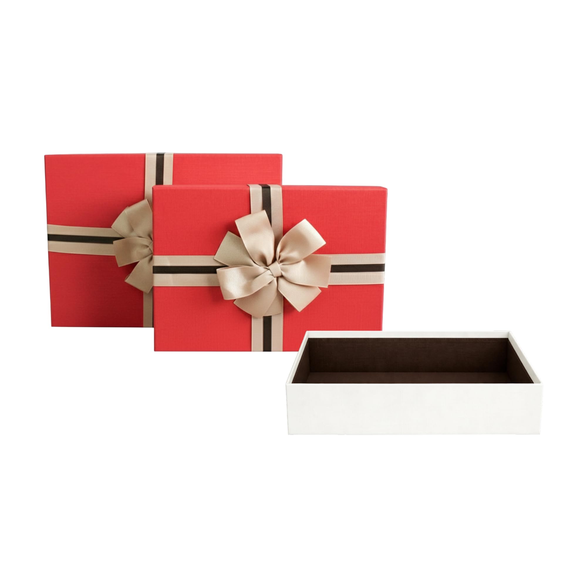 Emartbuy Cream/Red Rigid Gift Box with Ribbon Set of 3 – Large, Medium, Small – Luxury Cardboard Presentation Box | Premium Packaging for Hampers, Birthdays, Weddings, Corporate Gifting